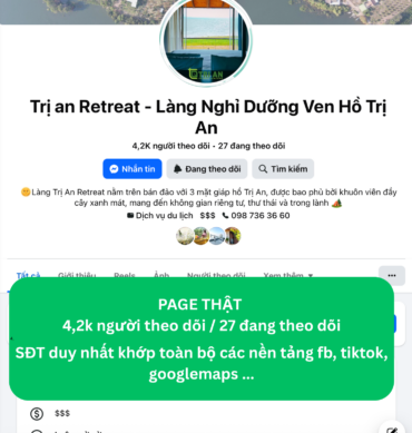 Ảnh chụp fanpage chính chủ của Làng Trị An Retreat được đánh dấu là trang thật